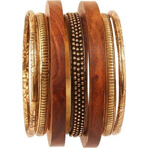Wooden Alloy Jewelry Set of 7 Bangles Boho Rustic Indian Handcrafted Glam